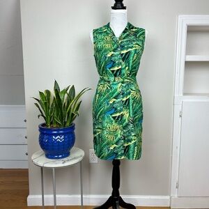 Silky Tropical Hawaiian Print Button Front Sleeveless Shirt Dress 90’s Y2K